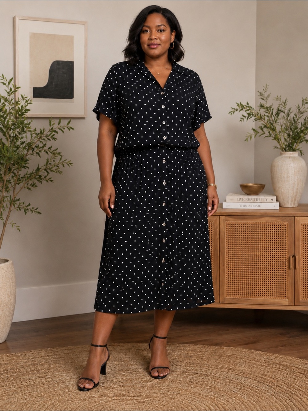 Vintage 1980s Roaman's Plus Size Black Polka Dot Two piece Set